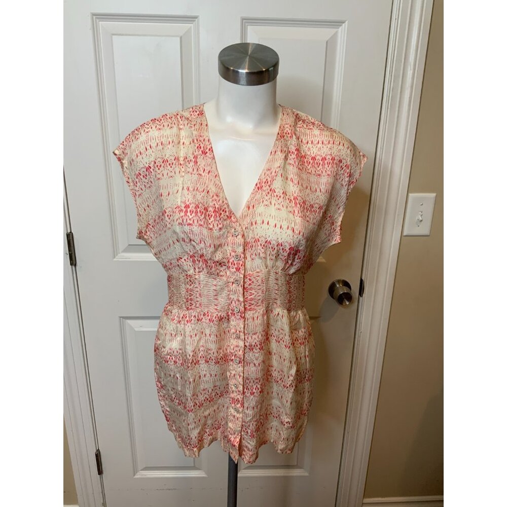 Johnny Was Cream Red Boho Speckled Silk Button-Up Top, Size XS
